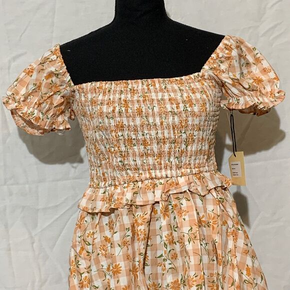 Unique Vintage Smak Parlor Peach Gingham Dress Small 4 - Picture 5 of 8